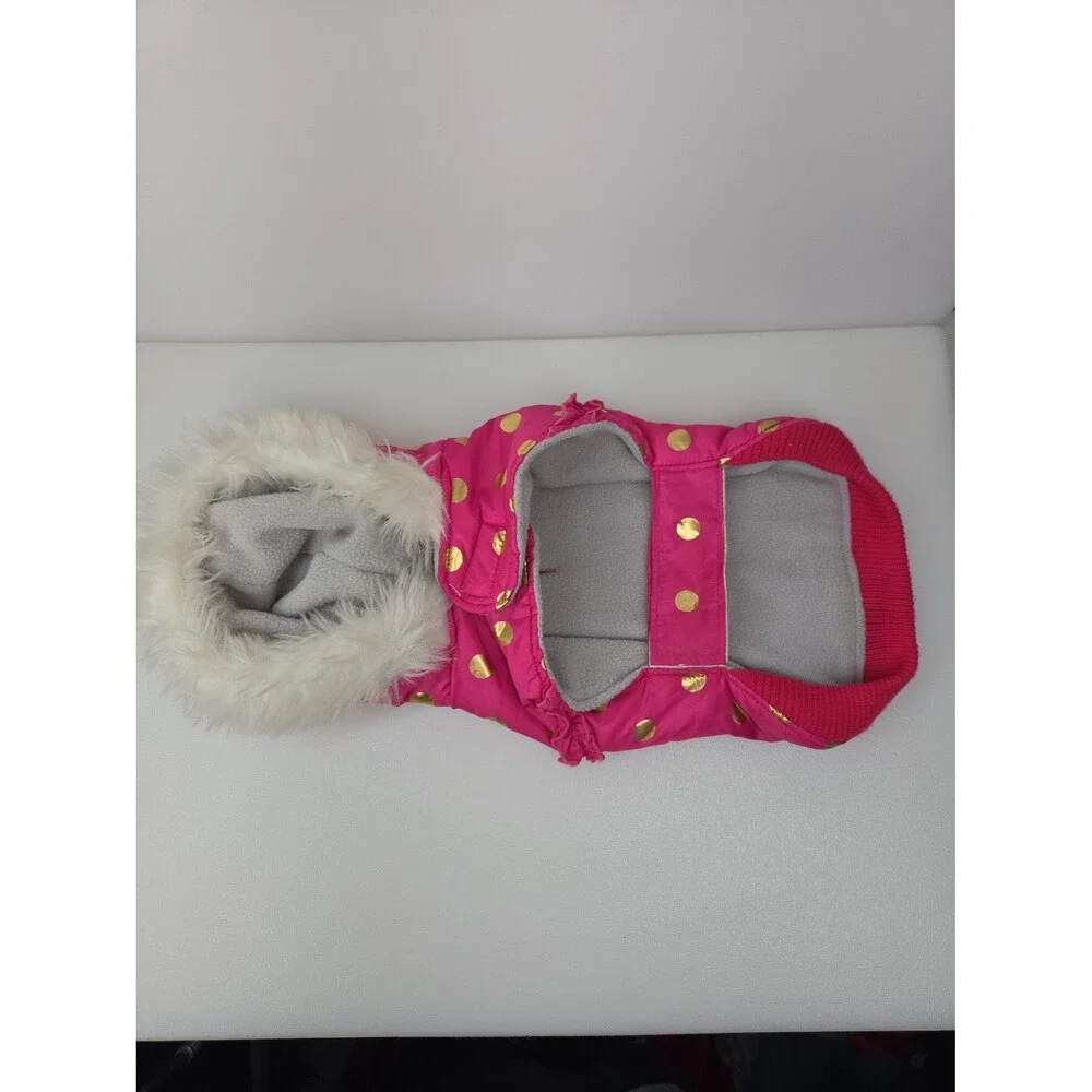 Top Paw Pink Dog Coat Ruffled Gold Metallic Dots Puffy Fleece Lined Hoodie Small